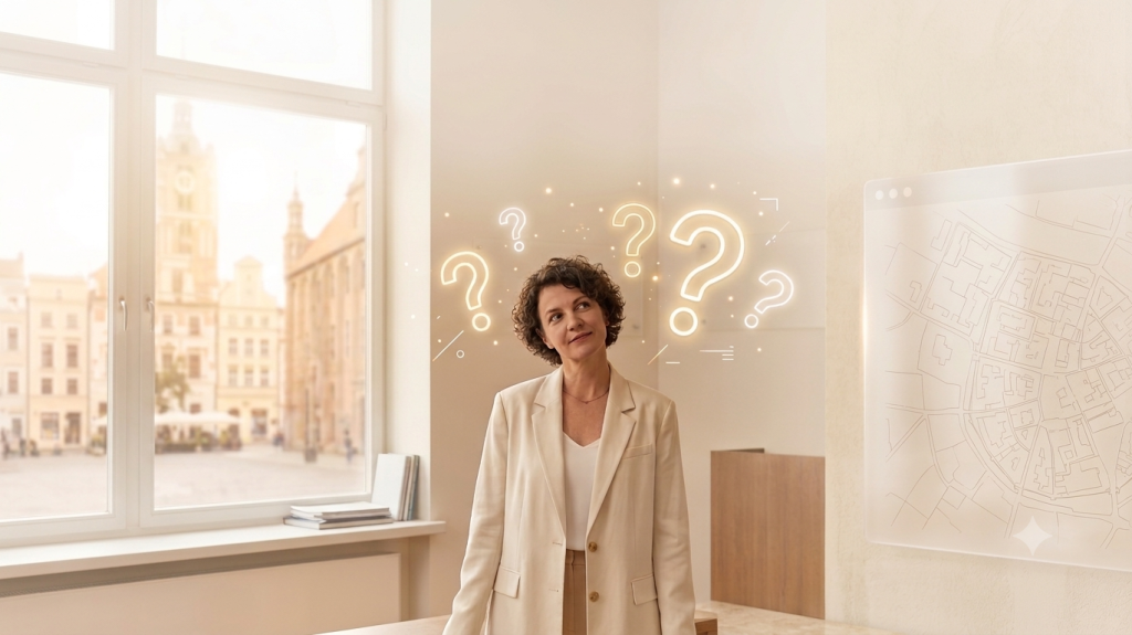 Elegancki i nowoczesny baner Finestia wprowadzający w sekcję najczęściej zadawanych pytań dotyczących współpracy i pełnej księgowości dla spółek.