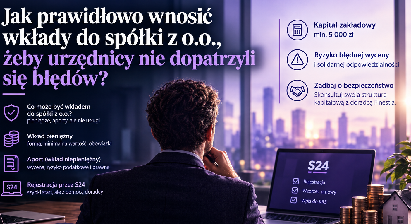 Zdjęcie przedstawiające mężczyznę siedzącego przy biurku z laptopem wyświetlającym system S24, z widocznym nagłówkiem artykułu: "Jak prawidłowo wnosić wkłady do spółki z o.o., żeby urzędnicy nie dopatrzyli się błędów?" oraz grafiką informacyjną o kapitale zakładowym i aportach.