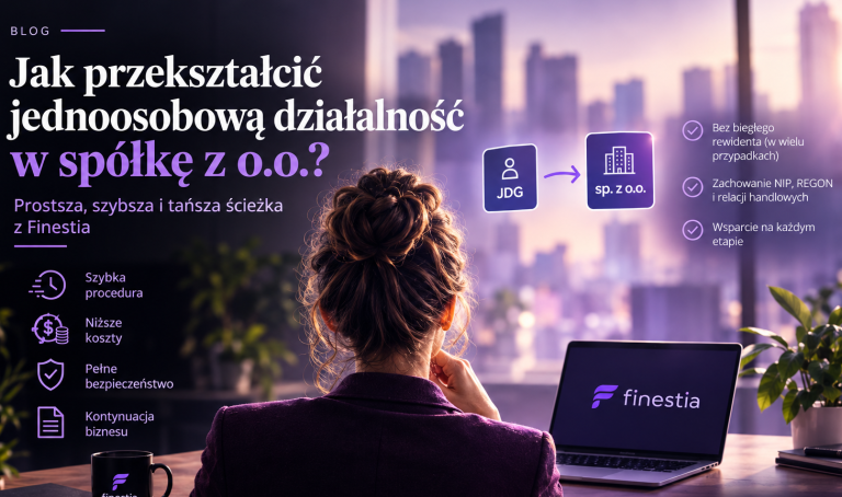 Grafika promocyjna artykułu blogowego Finestia: Jak przekształcić jednoosobową działalność w spółkę z o.o.? Ilustracja przedstawia businesswoman pracującą przy laptopie z logo Finestia na tle miejskiego pejzażu, z widocznym schematem przejścia z JDG na spółkę z o.o. oraz korzyściami procedury.