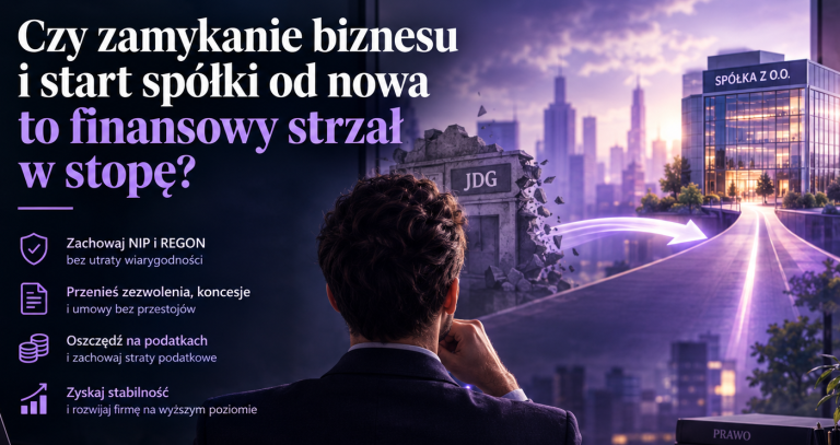 Grafika biznesowa ilustruje dylemat przedsiębiorcy: likwidacja JDG czy przekształcenie w spółkę z o.o. Mężczyzna przy biurku patrzy na panoramę miasta, gdzie zrujnowany budynek "JDG" łączy się świetlistą ścieżką z nowoczesnym wieżowcem "SPÓŁKA Z O.O.". Tekst pyta: "Czy zamykanie biznesu i start spółki od nowa to finansowy strzał w stopę?". Wypunktowano korzyści sukcesji prawnej: zachowanie NIP/REGON, przeniesienie zezwoleń i umów, optymalizację podatkową oraz stabilność rozwoju.