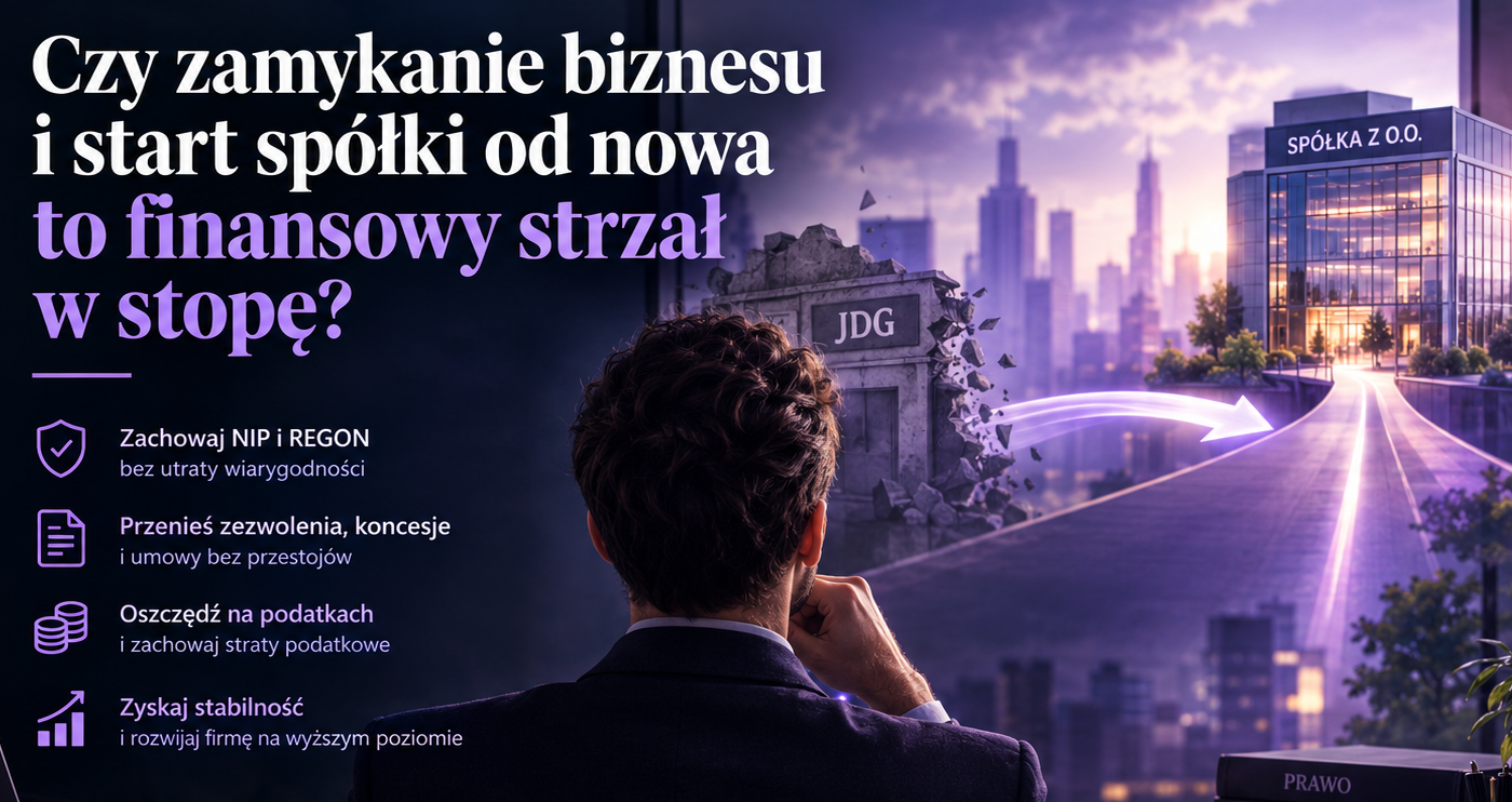 Grafika biznesowa ilustruje dylemat przedsiębiorcy: likwidacja JDG czy przekształcenie w spółkę z o.o. Mężczyzna przy biurku patrzy na panoramę miasta, gdzie zrujnowany budynek "JDG" łączy się świetlistą ścieżką z nowoczesnym wieżowcem "SPÓŁKA Z O.O.". Tekst pyta: "Czy zamykanie biznesu i start spółki od nowa to finansowy strzał w stopę?". Wypunktowano korzyści sukcesji prawnej: zachowanie NIP/REGON, przeniesienie zezwoleń i umów, optymalizację podatkową oraz stabilność rozwoju.